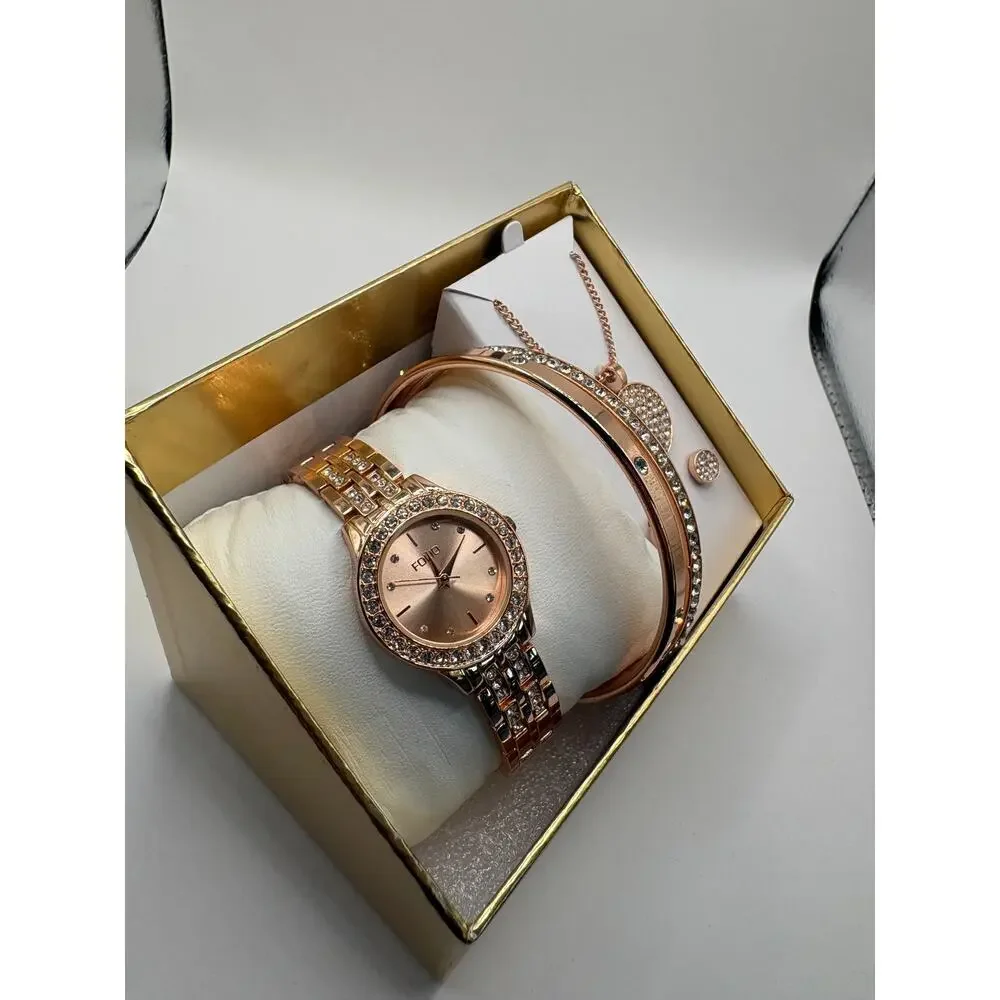 Folio Women Rose Gold Crystal Watch Bracelet Necklace Earring Box Set New in Box